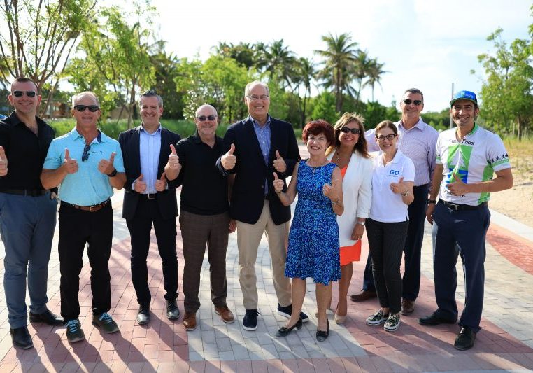 L-R: Commissioner Alex Fernandez; Commissioner Ricky Arriola; Commissioner Steven Meiner; Mayor Dan Gelber; G.O. Bond Oversight Committee Chair Karen Rivo; City Manager Alina Hudak; G.O. Bond Program Director Maria Hernandez; Capital Improvement Projects Director David Martinez; East Coast Greenway Alliance Executive Director Dennis Markatos-Soriano.